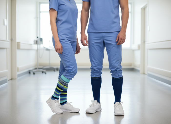 Image of male and female nurse wearing Dr. Johnny's compression socks at the hospital