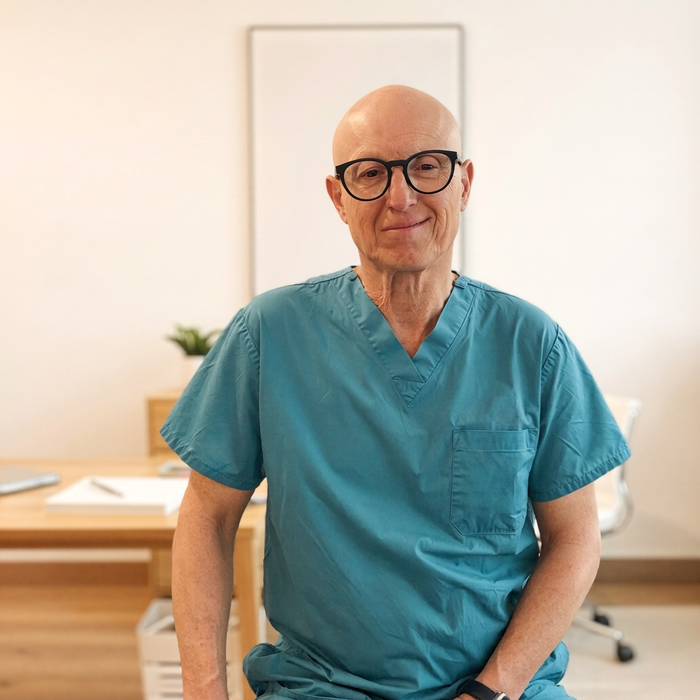 Dr. Jean Segal, the surgeon who designed Dr. Johnny's compression socks, in scrubs