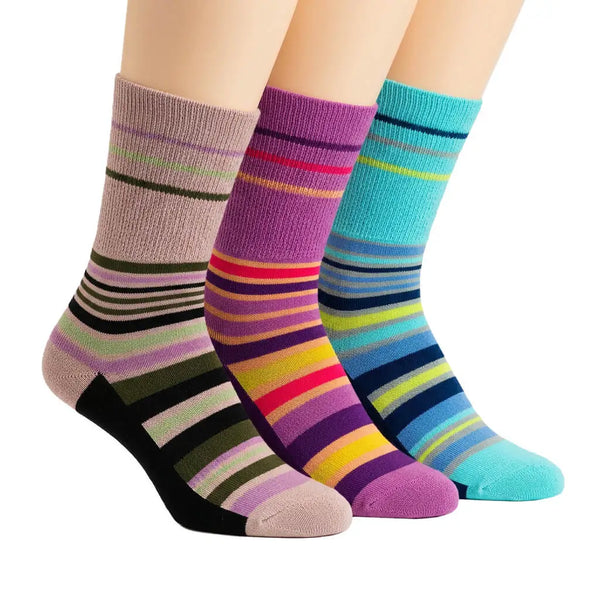 3 Pack -Diabetic Socks - Stripe - [Pink, Blue, Purple]